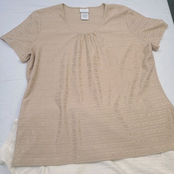 2 X 1 Jaclyn Smith women's short-sleeve top beige and  tan with a textured knit - Picture 2 of 7